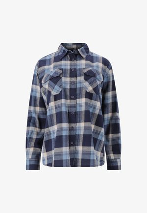 Rutet flannel skjorte med blå, marineblå og beige farver, knaplukning foran, krave og to brystlommer med klapper.