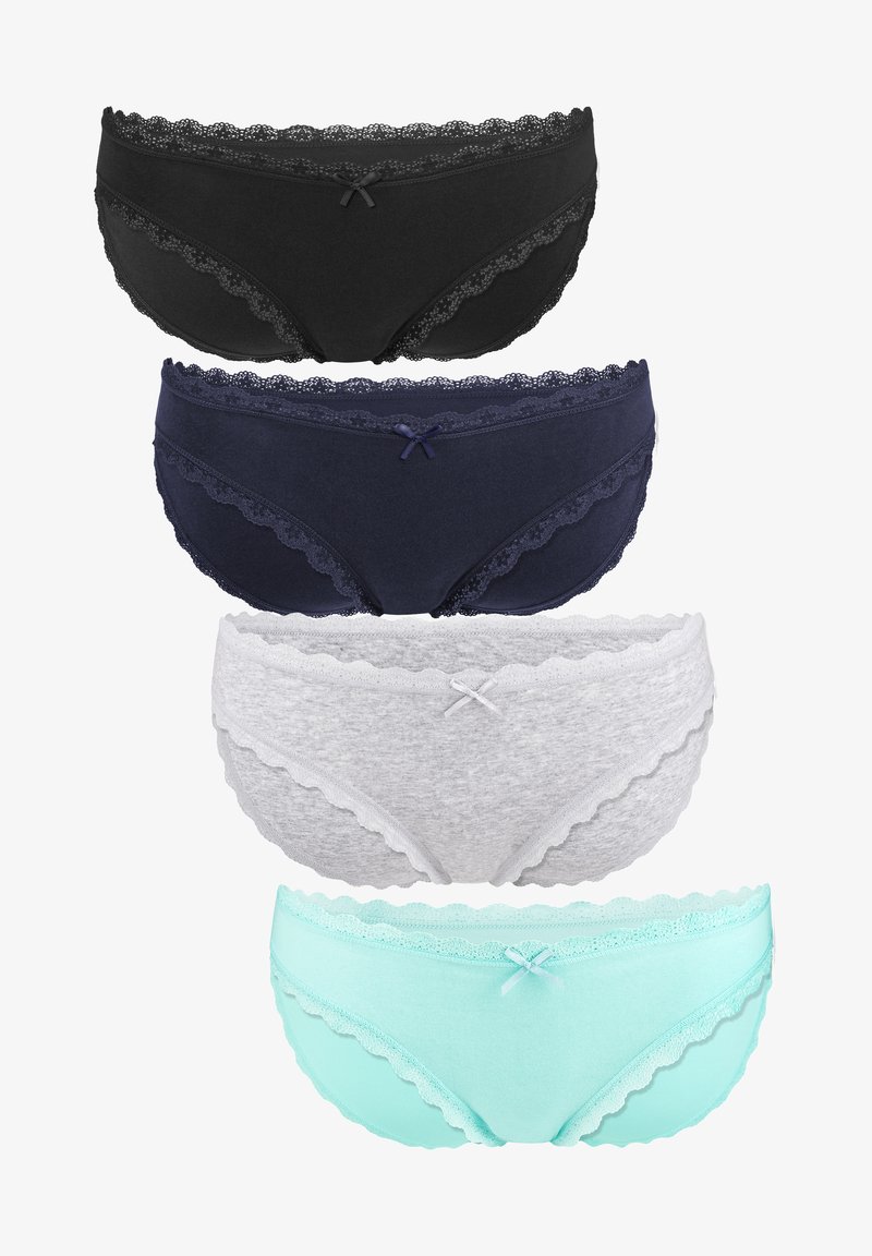 Four pairs of women's panties: black, navy, gray, and light mint; each features lace trim and a small bow detail at the front.