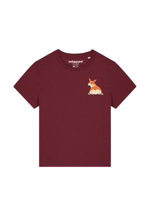 Burgundy cotton t-shirt featuring a printed corgi design on the left chest. Short sleeves, round neckline, and a soft texture.