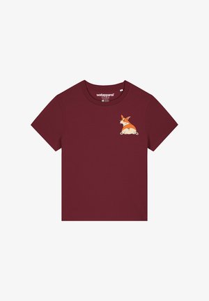 Burgundy cotton t-shirt featuring a printed corgi design on the left chest. Short sleeves, round neckline, and a soft texture.
