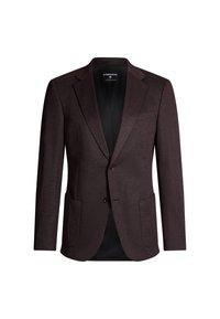 Blazer marrone con rever a punta, due tasche frontali, chiusura con un solo bottone e tessuto testurizzato con un motivo sottile. Vestibilità sartoriale.