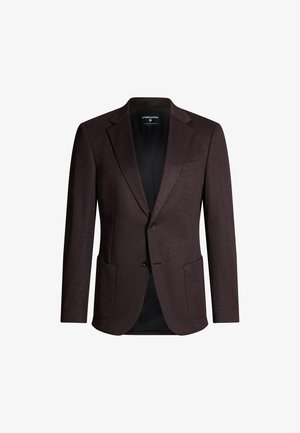 Brauner Blazer mit Reverskragen, zwei Vorderstaschen, einer Knopfverschluss und strukturiertem Stoff mit subtiler Musterung. Taillierte Passform.
