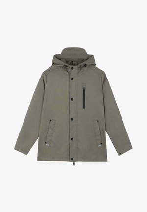Veste à capuche vert olive avec boutons-pression à l'avant, poche poitrine zippée et deux poches latérales à rabat avec fermetures à boutons-pression.