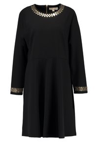 Schwarzes Kleid mit langen Ärmeln, rundem Ausschnitt, verziert mit goldenen Nieten, Reißverschluss hinten und ausgestelltem Schnitt.