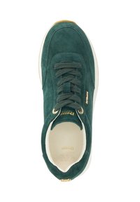 Green suede sneaker with a white sole, round toe, gold eyelets, laces, and a gold logo on the side. Interior is beige with a cushioned sole.