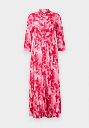 Dlhé košeľové šaty v ružových odtieňoch s akvarelovým vzorom. Obsahujú golier a dlhé rukávy, vyrobené z ľahkého materiálu.
