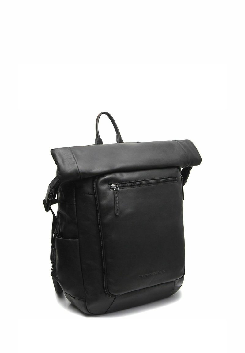 Black leather backpack with a roll-top design, single front zip pocket, side pockets, and adjustable straps. Smooth texture and minimal branding.