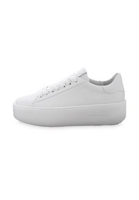 Weiße Ledersneaker mit einer dicken Gummisohle, runder Zehenpartie und strukturiertem Schnürdesign. Verfügt über ein glattes Obermaterial und minimalistische Markenkennzeichnung.