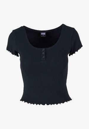 Black ribbed short-sleeve top featuring a rounded neck, three-button closure at the front, and a ruffled hemline.