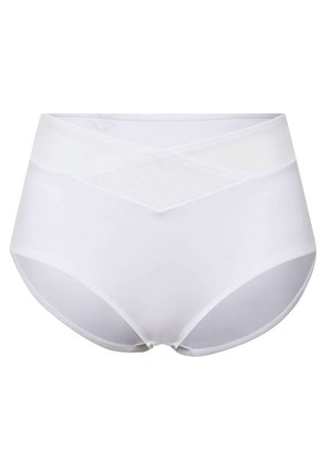 White high-waisted underwear with a smooth finish, featuring a crisscross mesh design at the front and elastic waistband for comfort.