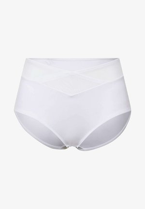 Białe majtki wysokie z gładkiego materiału, z krzyżującym się siateczkowym wzorem z przodu i elastycznym pasem, zapewniającym komfort.