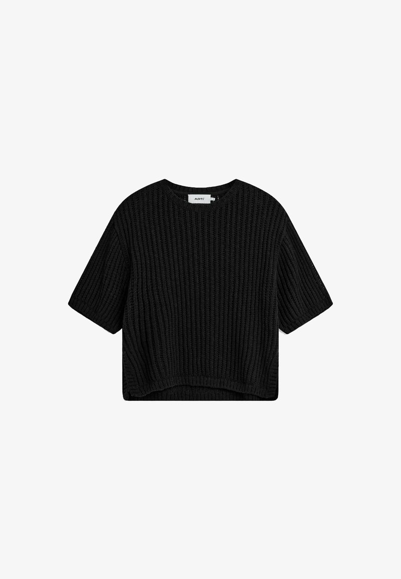 Zwart gebreid cropped top met korte mouwen, met een geribbelde textuur en een ronde halslijn. Eenvoudig ontwerp zonder patronen of hardware.