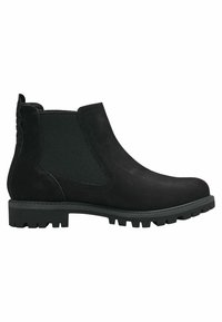 Botas Chelsea de ante negro con paneles laterales elásticos, suela de goma y tacos de tracción. Presentan detalles de costura y una textura lisa.