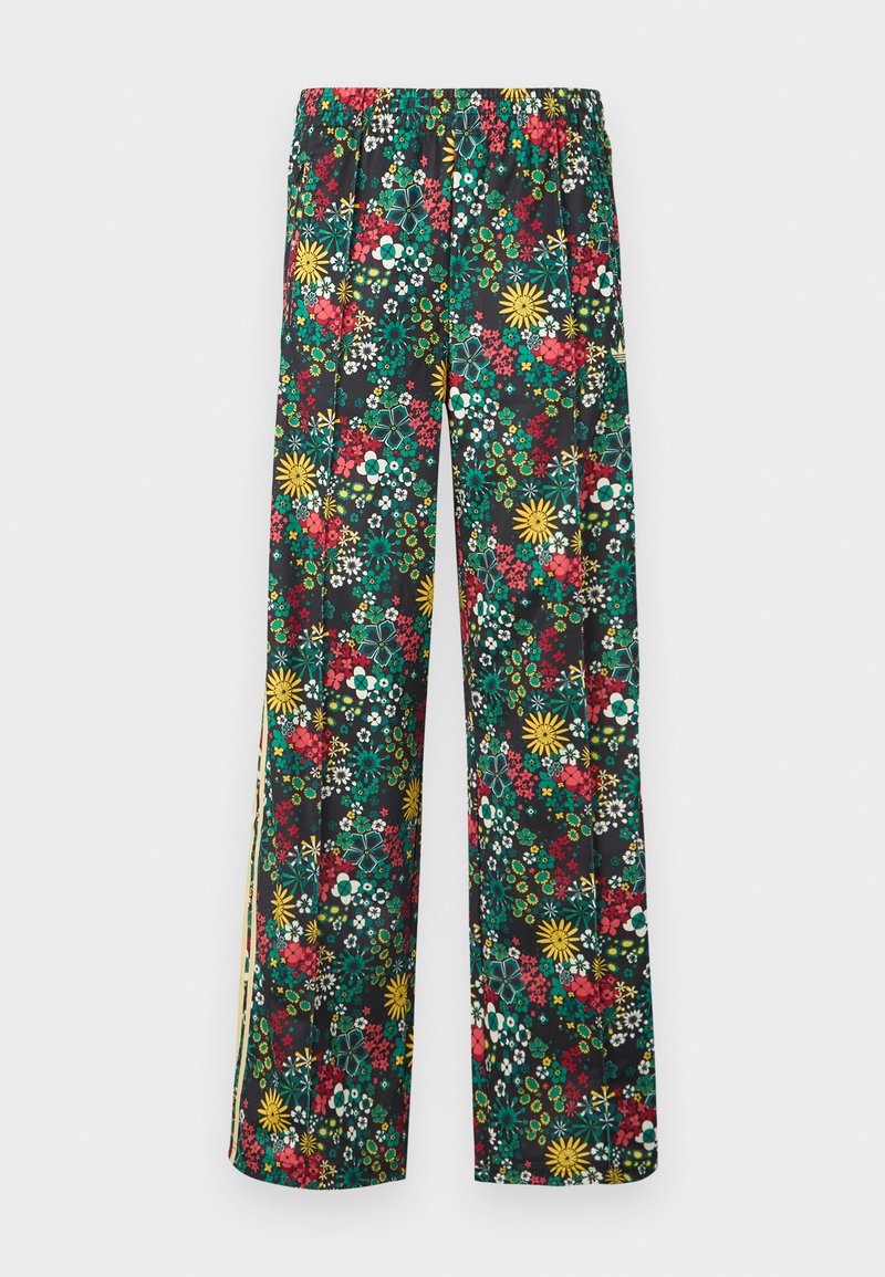 Floral print trousers with a black background, featuring vibrant red, yellow, and green flowers, elastic waistband, and wide-leg design.