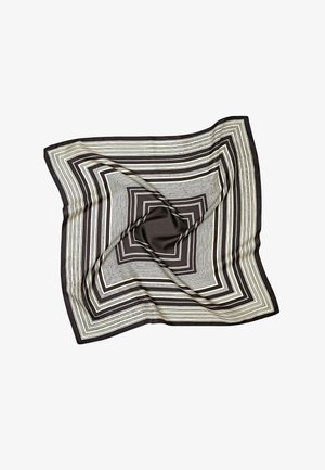 Foulard carré noir et blanc avec des rayures rectangulaires concentriques, légèrement froissé et posé à plat sur un fond blanc.