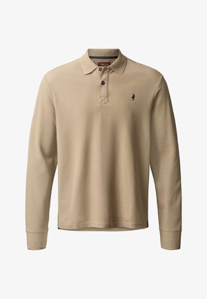 Béžová dlouhým rukávem polokošile se dvěma knoflíky a malým tmavým vyšívaným logem na levé straně hrudi.