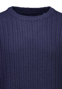Marineblauer gestrickter Pullover mit einem strukturierten Fischgrätenmuster und einem gerippten Rundhalsausschnitt. Weicher Stoff mit mittlerer Dicke.