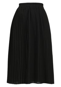 Zwarte midi-jurk met smalle verticale plooien en elastische tailleband, vloeiende stof en A-lijn silhouet.