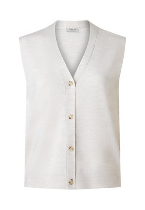 Hihaton beige neuletakki, jossa V-aukko ja neljä vaaleanruskeaa nappia edessä, merkiltään Maerz.