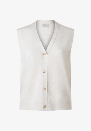 Hihaton beige neuletakki, jossa V-aukko ja neljä vaaleanruskeaa nappia edessä, merkiltään Maerz.