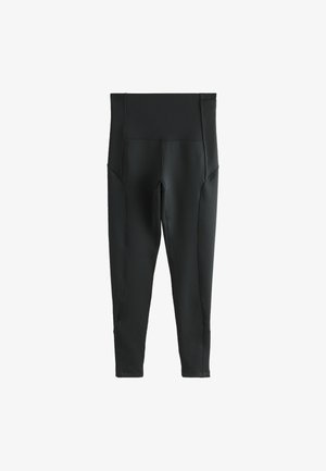 Fekete leggings, rugalmas anyagból, magas derékkal, oldalsó varrásokkal és sima felülettel. Nincs látható minta vagy díszítés.