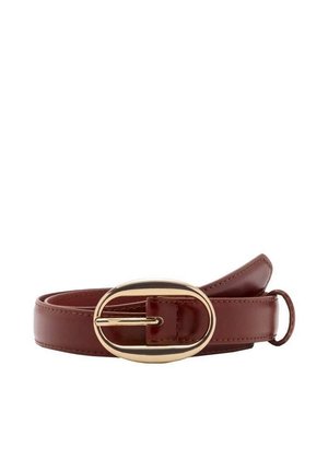Brown leather belt with an oval gold buckle, rolled with the end tucked through a small loop on a white background.