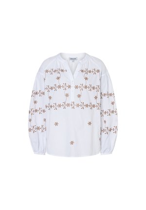 White long-sleeve blouse with brown floral embroidery across chest, sleeves, and lower front, featuring a buttoned V-neck and gathered cuffs.