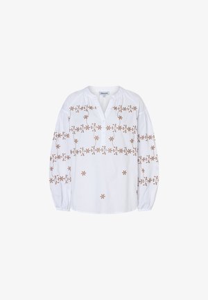 Weiße Langarmbluse mit brauner Blumenstickerei über Brust, Ärmeln und unterem Vorderteil, mit geknöpftem V-Ausschnitt und gerafften Manschetten.