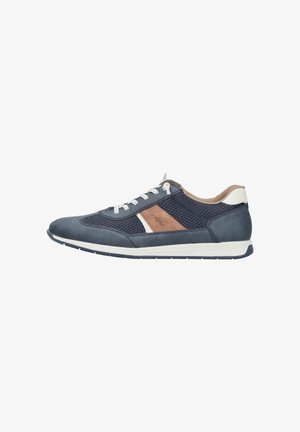 Navy blue and brown low-top sneaker with white laces, mesh fabric upper, and white sole, viewed from the side.