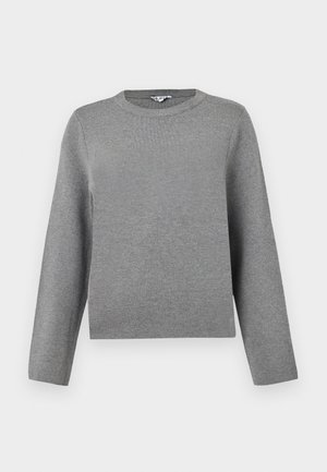 Gray knitted sweater with a round neck and long sleeves; soft texture and a straight cut, featuring a subtle, even knit pattern.
