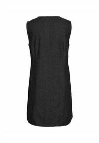 Melnā bezpiedurkņu kleita ar taisnu griezumu, ar aizmugurēju rāvējslēdzēju un gluda auduma struktūru, izstrādāta, lai veidotu pieguļošu siluetu.