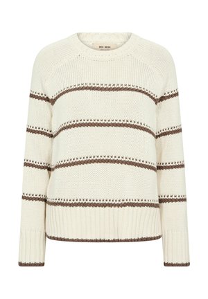 Cremefarbener Strickpullover mit braunen horizontalen Streifen, Rundhalsausschnitt, gerippten Bündchen und Saum.