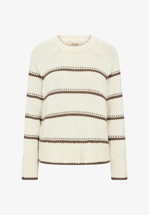 Krémový pletený sveter s hnedými horizontálnymi pruhmi, okrúhlym výstrihom, rebrovanými manžetami a lemom.