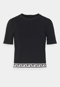 Top corto a maniche corte in maglia nera con scollatura rotonda e banda decorata bianca all'orlo con motivo ripetuto del logo "MK".