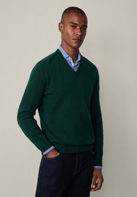 Vihreä v-pääntie neulepaita, joka on valmistettu trikookankaasta, pitkät hihat ja rento istuvuus, kerrostettu vaaleansiniselle kauluspaidalle.