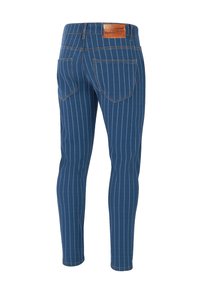 Sinised kitsad teksad valgete vertikaalsete triipudega, kahe tagatasku, vööaasade ja pruunist nahast brändiplaadiga vöökohal.