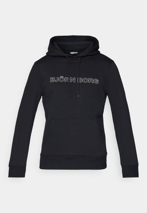 Black hooded sweatshirt made of soft fabric. Features a front pocket, ribbed cuffs, and a drawstring hood. "BJÖRN BORG" logo in white.