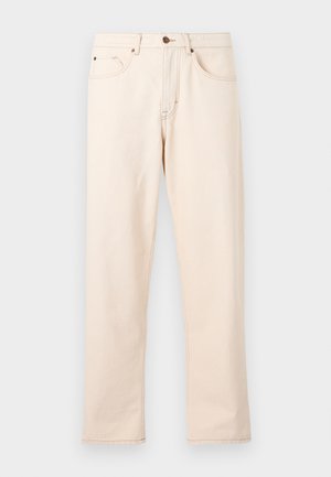 Beige straight-leg jeans with five pockets, button closure, and contrast stitching on a plain light background.