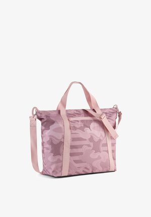 Rosafarbene Tragetasche mit Tarnmuster, zwei weichen Griffen und verstellbarem Schultergurt; aus strapazierfähigem Stoff mit einer Reißverschlusstasche vorne.