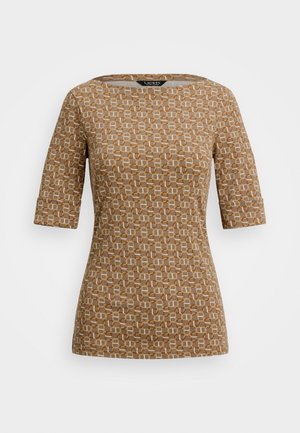 Short-sleeve, brown top with a geometric pattern in light cream and orange. Square neckline and smooth fabric texture.