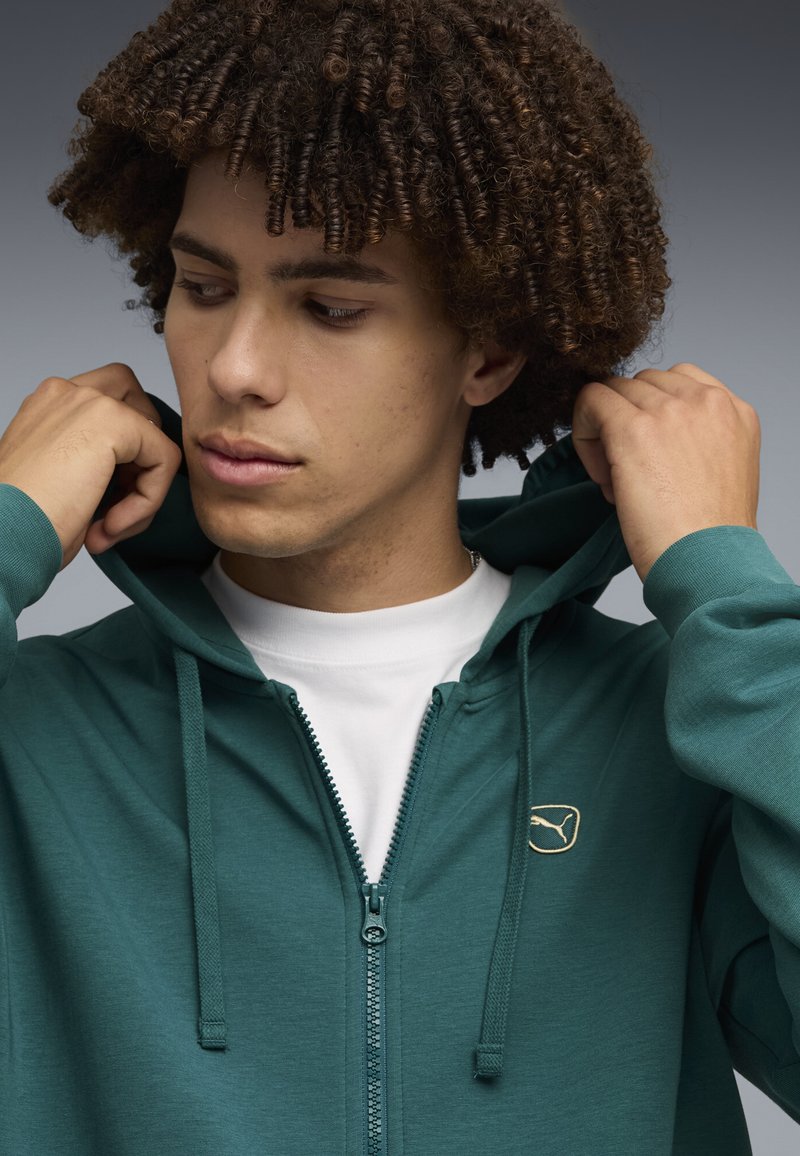 Junger Mann, der die Kapuze eines grünen Sweatshirts mit Reißverschluss anpasst, darunter ein weißes Hemd trägt, mit lockigem Haar und neutralem Gesichtsausdruck.