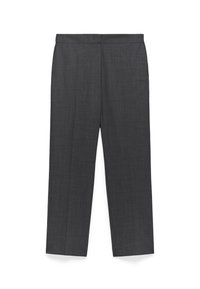 Donkergrijze formele broek met een rechte snit, tailleband en subtiele textuur, plat getoond tegen een witte achtergrond.