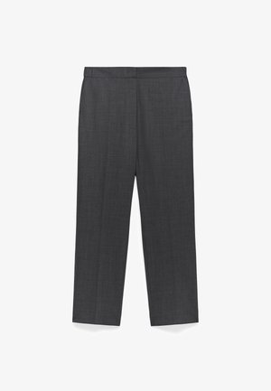 Dark gray formal trousers with a straight cut, waistband, and subtle texture, shown flat against a white background.