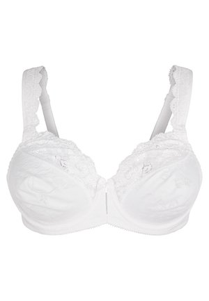 Soutien-gorge blanc avec des détails en dentelle florale sur les bonnets, des bretelles ajustables et une fermeture à crochet au dos. Texture de tissu douce.