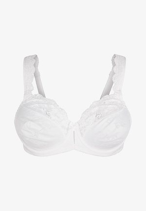 Witte beha met bloemenkant details op de cups, verstelbare schouderbanden en een haak-en-oogsluiting op de rug. Zachte stoftextuur.