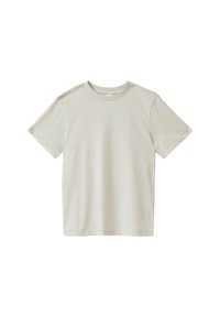 Lichtbeige t-shirt met korte mouwen, gemaakt van zachte katoen, met een ronde halslijn en rechte snit, en met minimale stikseldetails.