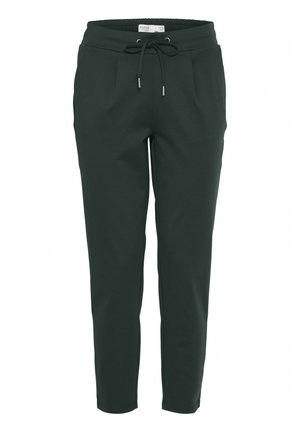 Dark green jogger pants made of soft fabric, featuring an elastic waistband with a drawstring, side pockets, and tapered legs.