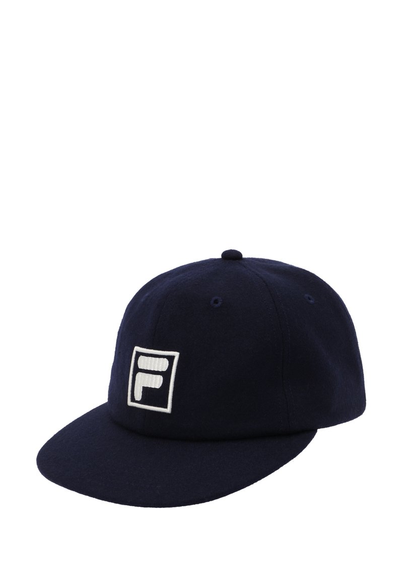 Gorra de lana azul marino con una corona estructurada y visera recta. Presenta un logotipo bordado en blanco en la parte delantera.
