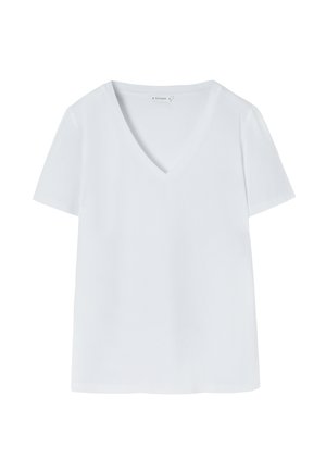 Hvid bomulds t-shirt med korte ærmer og v-halsudskæring, der har en glat tekstur og et simpelt design uden synlige mønstre eller detaljer.