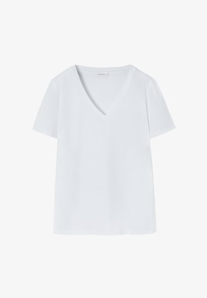 Hvid bomulds t-shirt med korte ærmer og v-halsudskæring, der har en glat tekstur og et simpelt design uden synlige mønstre eller detaljer.